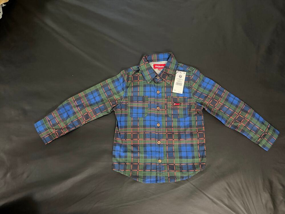 ICECREAM Kids Plaid Flannel Button-Up Shirt Blue Green 4T NWT